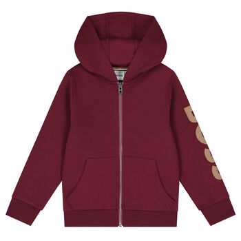 Boys Burgundy Logo Hooded Zip Up Top